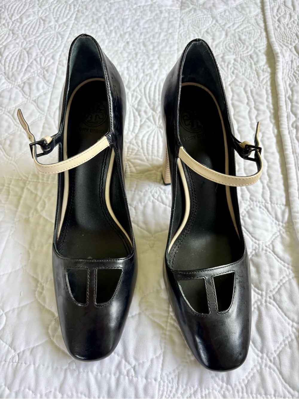 Tory Burch Leather Vintage Black Mary Jane Women's Shoes 7M Block Heels